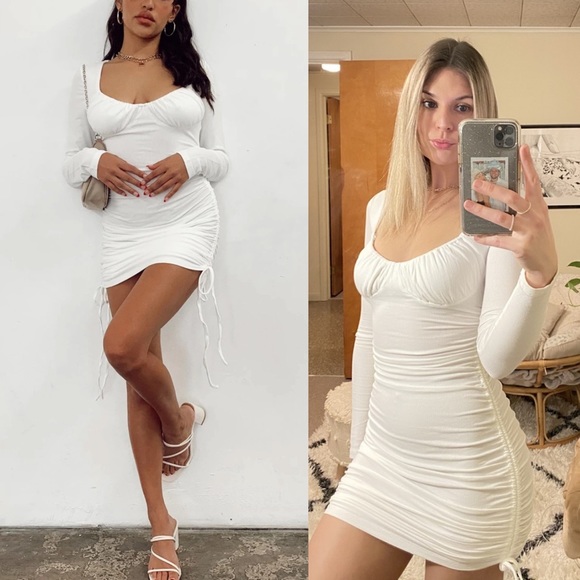 Princess Polly Dresses & Skirts - Princess Polly White Long Sleeve Neive Ruched Dres